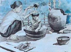Tranh ký họa: Tắm con